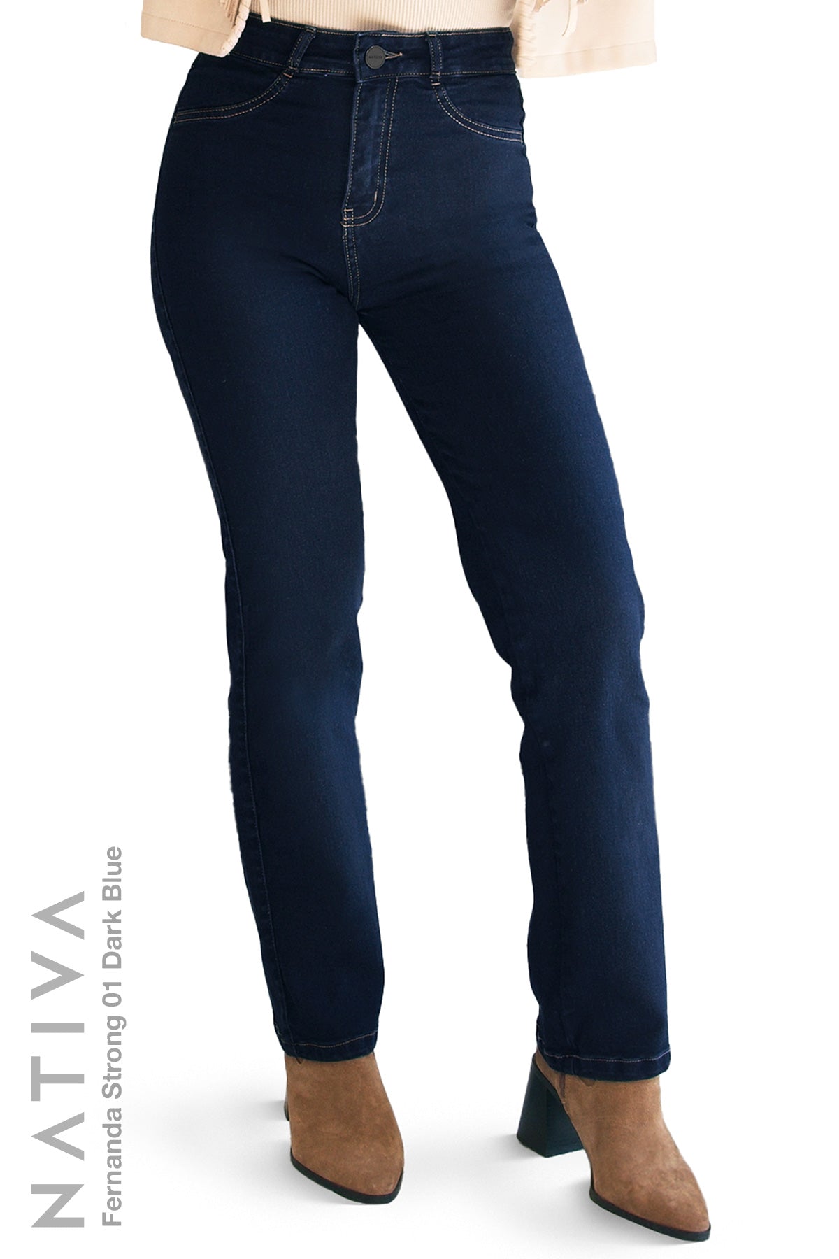 STRAIGHT JEANS, FERNANDA STRONG 01 DARK BLUE. Talle Alto. Con tejidos ESFD (Extreme Stretch Flattering Denim). Cintura Ajustable PERFECT FIT®