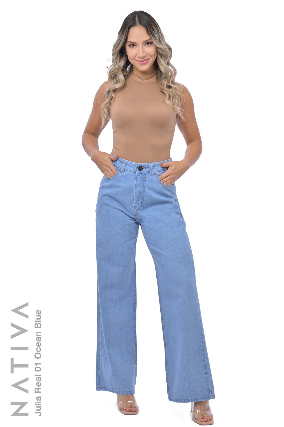 WIDE LEG True Denim Jeans, JULIA REAL 01 OCEAN BLUE. Talle Alto. Auténtico e Interminable. Cintura Ajustable PERFECT FIT®