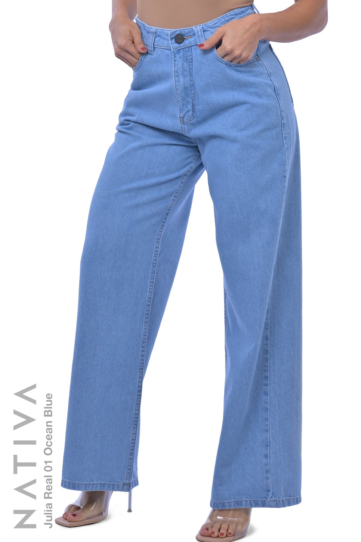 WIDE LEG True Denim Jeans, JULIA REAL 01 OCEAN BLUE. Talle Alto. Auténtico e Interminable. Cintura Ajustable PERFECT FIT®